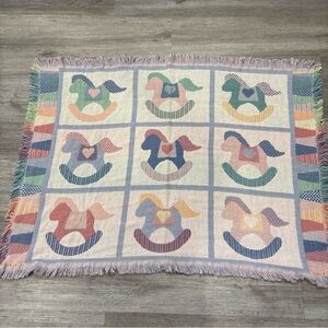 Red calliope Rocking Horse Pattern Throw Blanket baby vintage fringe nursery